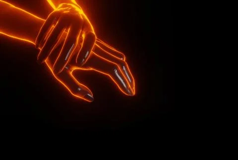 Close up view of hand grabbing hand with light fire glowing 3D effect. Helpin Illustrazione stock