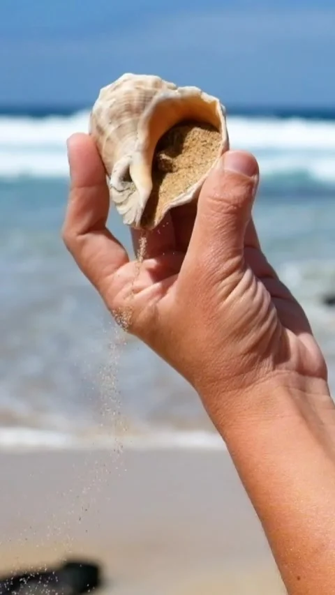 Close-up view of a hand holding a beautiful conch shell as golden sand flows Stock Footage 344820971