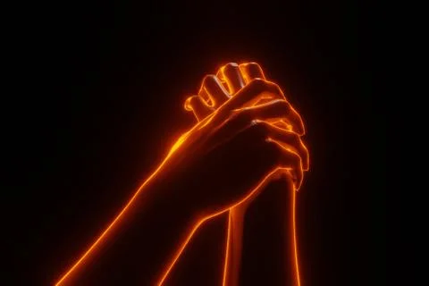 Close up view of hand holding with light fire glowing. 3D rendering. Ilustração Stock