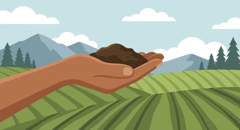 Close view of a hand holding soil above agricultural fields showing care fo.. Stock Illustration