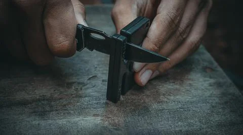 The close view of the hand is sharpening a knife. Stock-Fotos