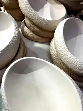 Close-up view of handcrafted ceramics featuring unique textures and shapes, p Stock Photos