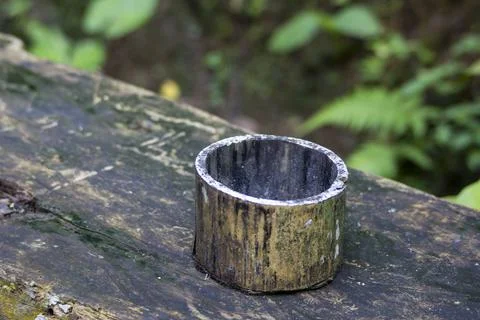 Close up view of handmade ashtray. Ashtray made of bamboo. Stock Photos