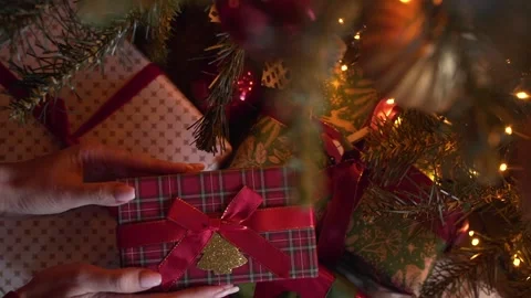 Close-up view of hands putting Christmas gift under the xmas tree Stock Footage 221731951