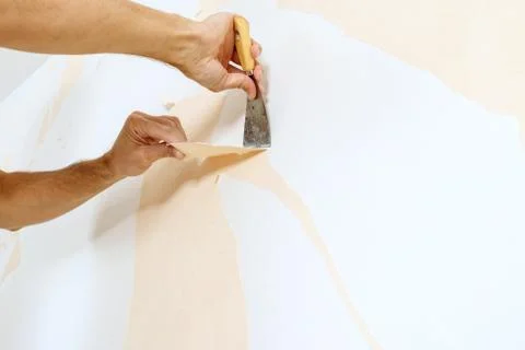 Close-up view on hands with a scraper in the process of removing wallpaper. Stock Photos