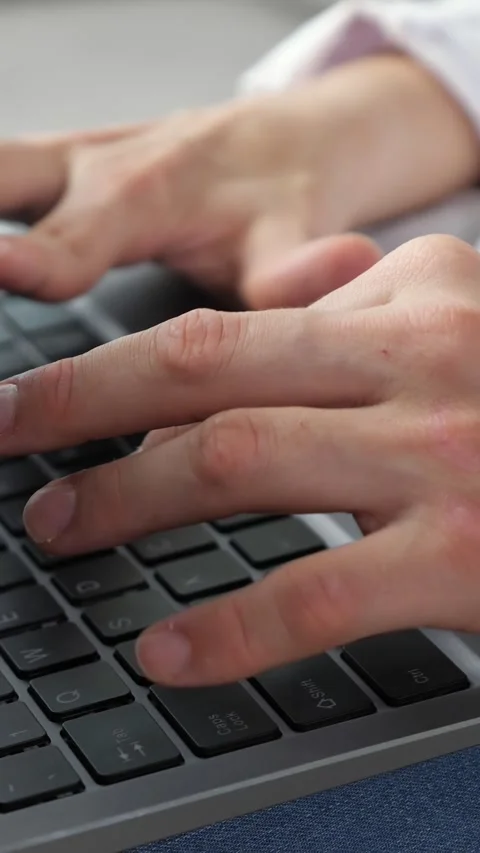 Close View Hands Typing On Keyboard, Adult With Visible Hand Deformities And Stock Footage 335503390