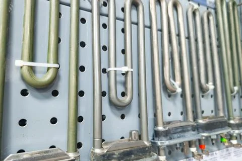 Close view of heating elements on display in home improvement store, used for Foto stock