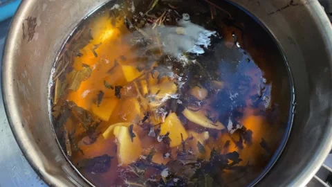 Close up view heating up gin and tea in hot pot. Herbal tea drink Stock Footage 282087919