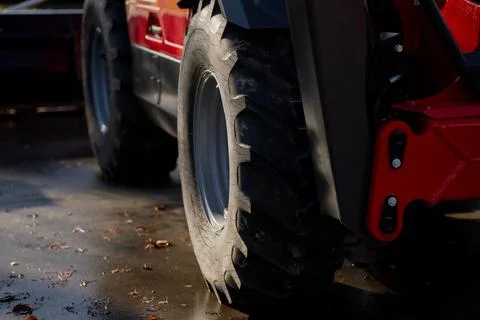 Close view of heavy-duty telehandler wheel Stock Photos