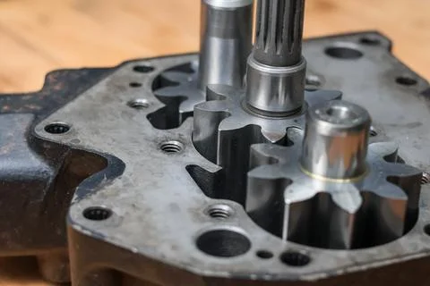Close-up view of helical gear pump internal gears. Stock Photos