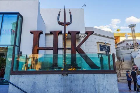 Close-up view of Hell's Kitchen sign with flames outside Caesars Palace Stock Photos