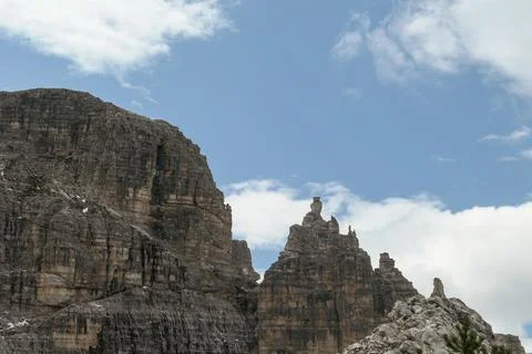 A close up view on high and sharp peaks of Dolomites in Italy. Stock Photos