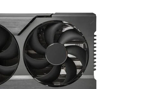 A close-up view of a high-end graphics card fan showcasing its robust cooling Stock Photos