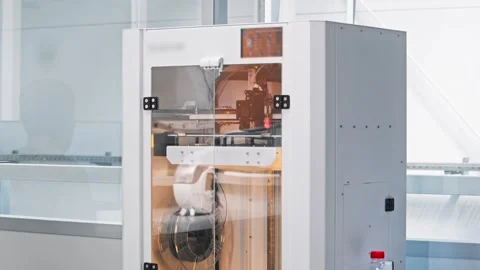 Close-up view of a high-precision 3D printer in operation, printing a small Stock Footage 282298680