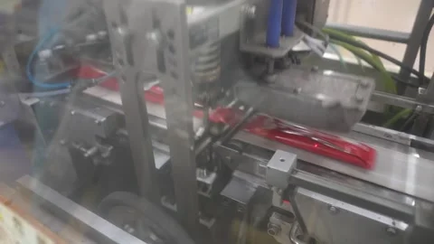Close view of a high speed sealing machine forming wrapped portions inside a Stock Footage 342319580