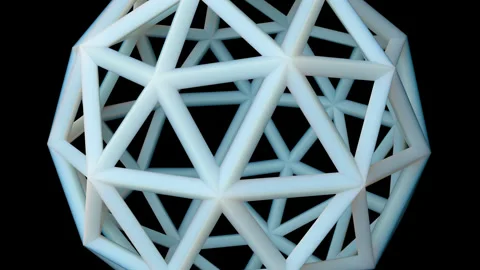 A close up view highlights a white wireframe geodesic sphere rotating steadi Stock Footage 344907884