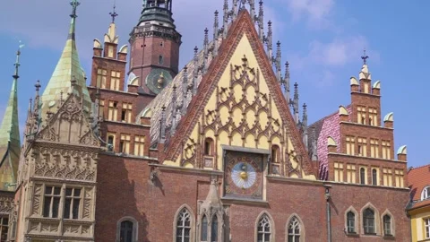 Close-up view of the historic astronomical clock in Wroc?aw, Poland, showca.. Stock Footage 282980496