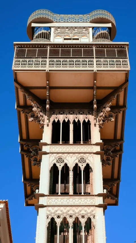 Close- view of historic Santa Justa elevator cabin going up, Lisbon, Portugal Stock Footage 342702418