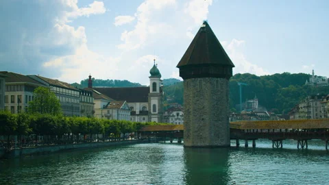 Close view of historic waterfront tower in Lucerne showing stone texture  Stock Footage 325685881