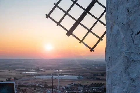 Close view of a historic windmill in Consuegra at sunrise, Spain, known from  Stock Photos