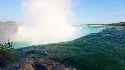 Close View of Horseshoe Falls Edge with Rainbow in Waterfall Mist, Niagara Falls Stock Footage 330450860