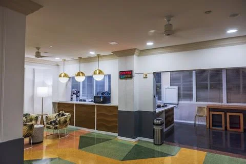 Close up view of hotel cafe interior with counter seating area Stock Photos