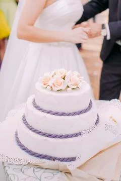 Close-up view of the huge white wedding cake decorated with little roses. Stock Photos
