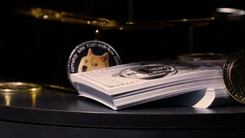 Close up view of hundred dollar bills, crypto coins, and gold bars Stock Footage 217946183