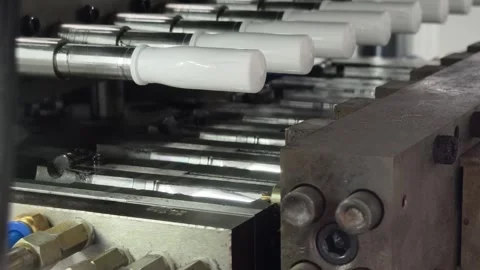 A close-up view of the inherent machinery components being produced on a plastic Stock Footage 315652738