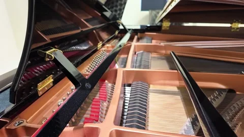 Close Up View Inside a Grand Piano Showing Hammers and Strings Moving Stock Footage 337249989