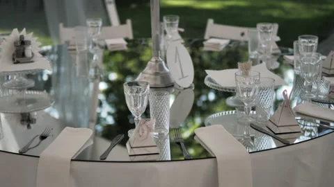 Close up view of the interior and tableware at the wedding venue Stock Footage 208640000