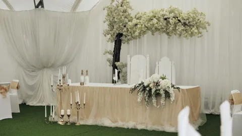 Close up view of the interior and tableware at the wedding venue Stock Footage 217739363