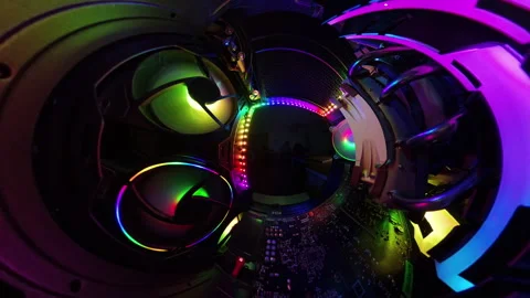 A close-up view of the interior of a gaming PC with a "Tiny Planet" effect, Stock Footage 289785511