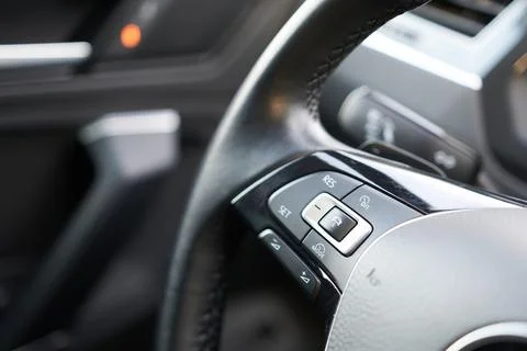Close up view of the interior of a modern car, steering wheel Stock Photos