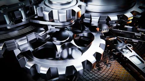 Close up view of interlocking metallic gears rotating smoothly in complex Stock Illustration