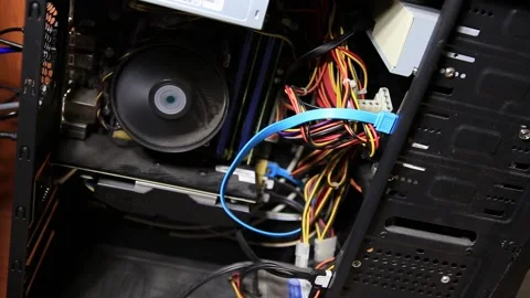 Close up view of internal components of desktop computer case showing Stock-Footage 339864905