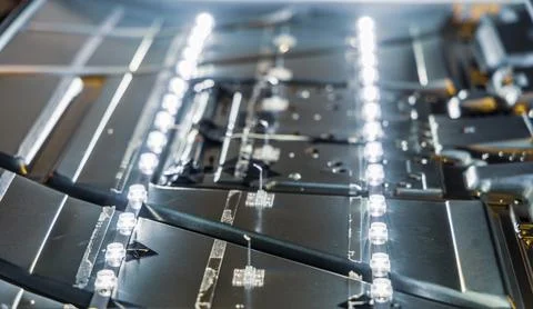 Close up view of internal hardware inside broken monitor Stock Photos