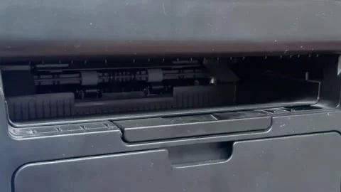 Close-up view of the internal mechanism of a modern laser printer, showing the Stock Footage 321700822