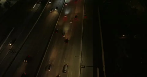 Close View of Interstate Highway 405 Night Suburban Los Angeles Drone Aerial Stock Footage 169775976