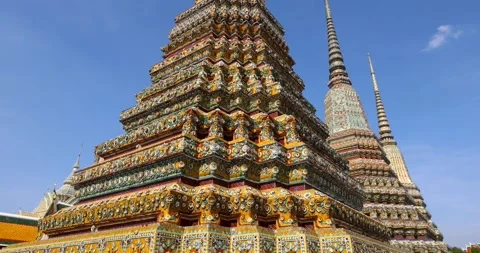 Close up view of Intricate architecture of historic Wat Pho temple against .. Stock Footage 323670780