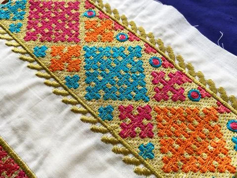 Close up view  of Intricate multi colored geometric thread embroidered border Stock Photos