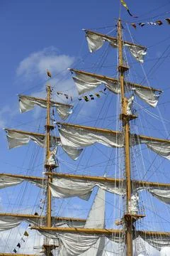 Close-up view of the intricate rigging, masts, and sails of a tall ship Stock Photos