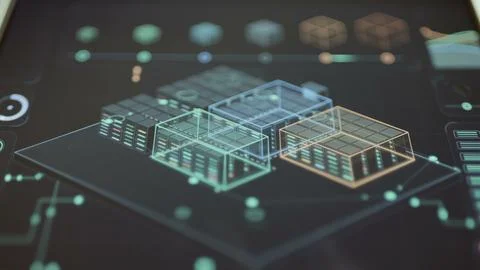 Close view of an isometric facility model with color-coded server zones Stock-Fotos