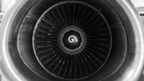 Close-up view of the jet engine of the aircraft. Black and white photo. Stock Photos