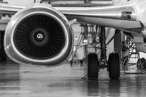 Close-up view of the jet engine of the aircraft. Black and white photo. Stock Photos