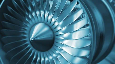 Close-up view of jet engine front fan. Illustration