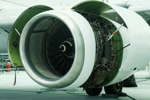 Close view of jet engine showing intricate design and engineering details i.. Fotos de archivo