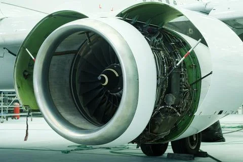 A close-up view of a jet engine, showing a complex structure and technical .. Foto stock