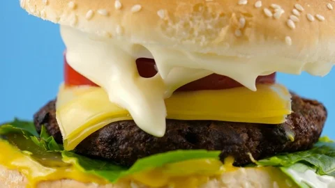 Close-up view of juicy Cheeseburger Stock Footage 79642748