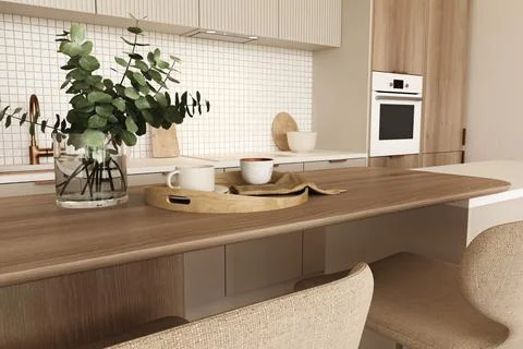 Close up view kitchen room interior with sink, oven and plant. Modern minimalist 스톡 일러스트